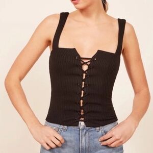 Reformation Sawyer Black Top size M Ribbed Knit Stretch Lace Front Midi Crop